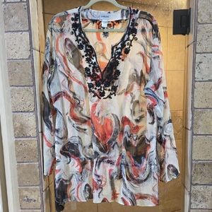 Chico's Red and Blue Long Sleeve Graphic Blouse